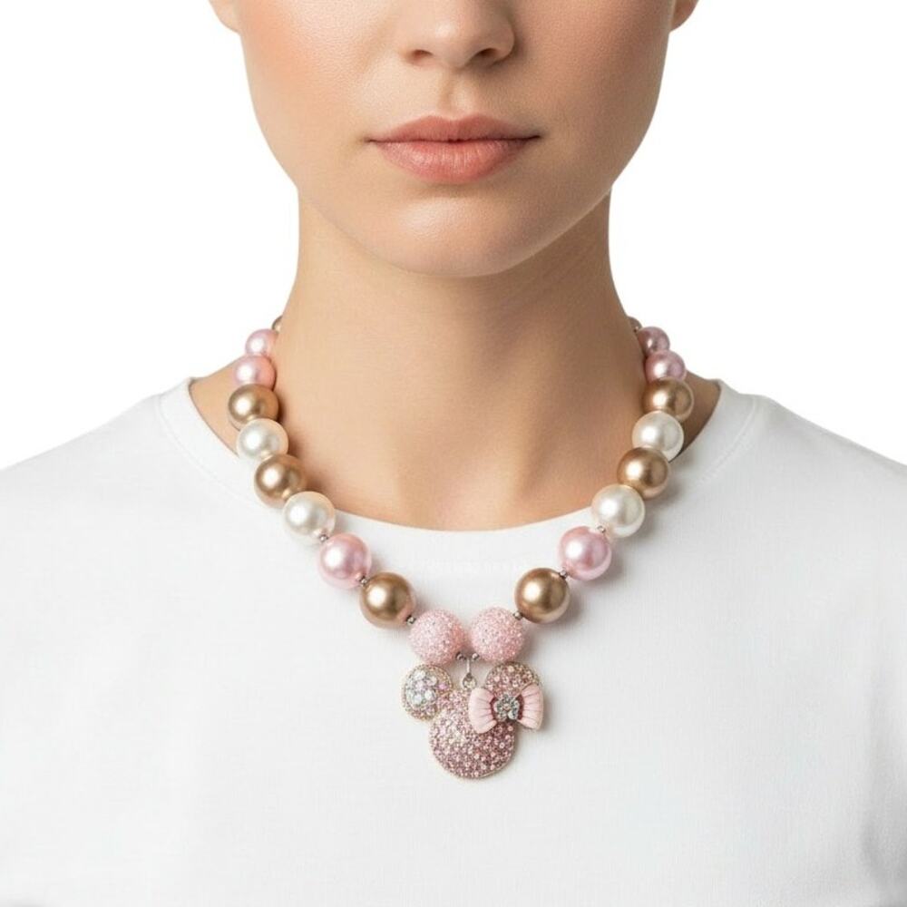 Pink Gold Bubblegum Bead Mouse Head Pendant Necklace